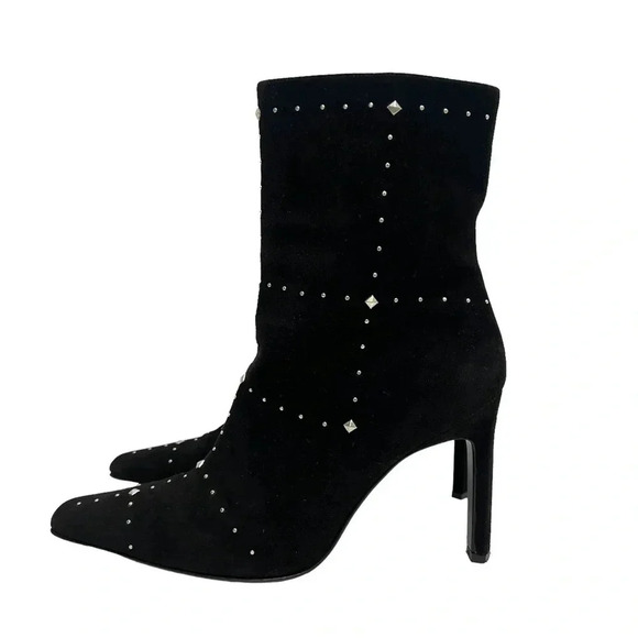 CASADEI Black Suede Stiletto Silver Rivets Studs Boots Snip Toe Chic Size 8 - Picture 2 of 11
